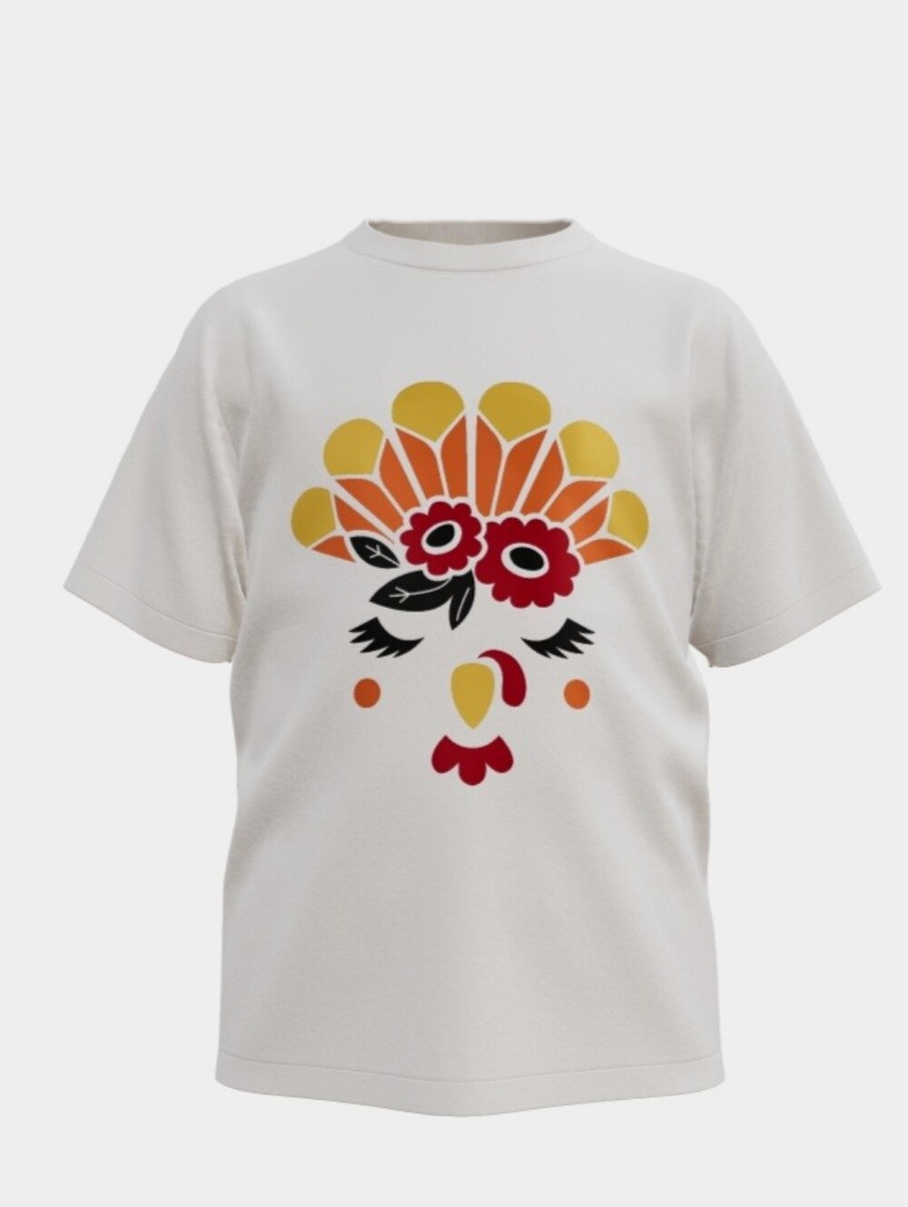 White Short-Sleeve Kids Tee with Turkey Floral Face Graphic